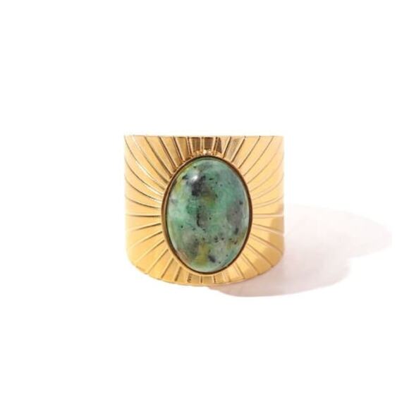 18K Gold Plated Stainless Steel Turquoise Geometric Vintage Band Ring - Picture 2 of 9